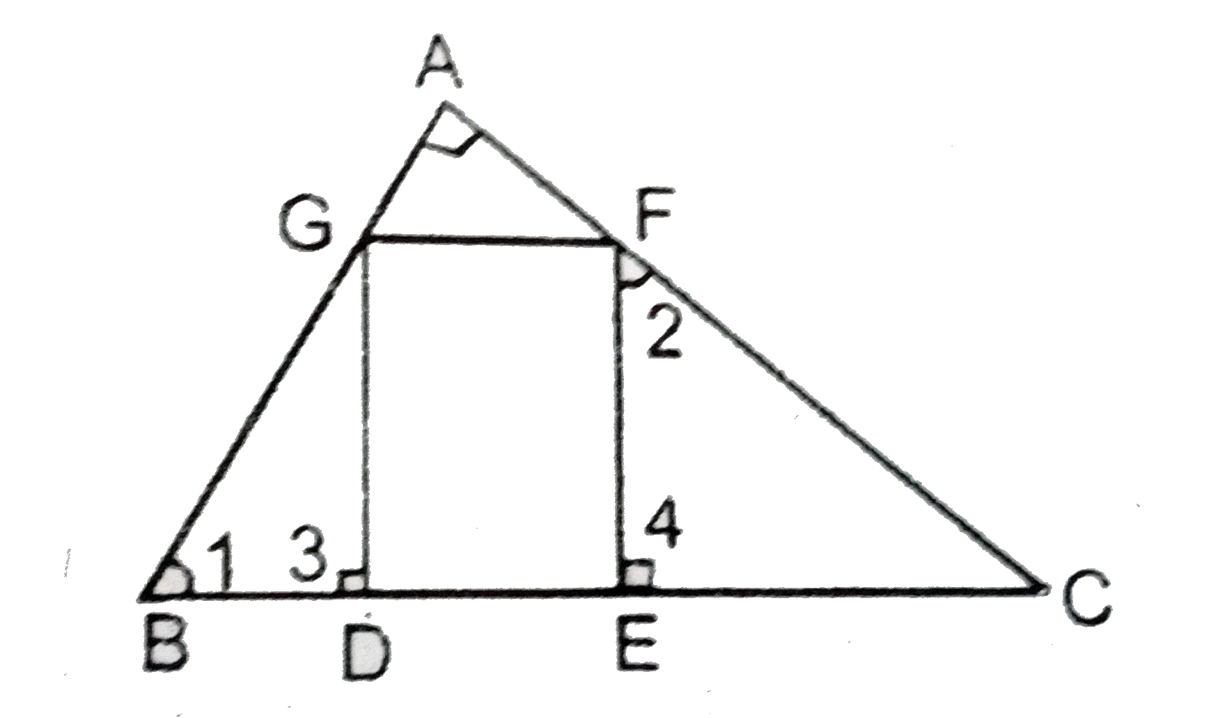 दिए गये चित्र में DEFG एक वर्ग है और angleBAC एक समकोण है । दिखायें कि DE^2=BDxxEC.