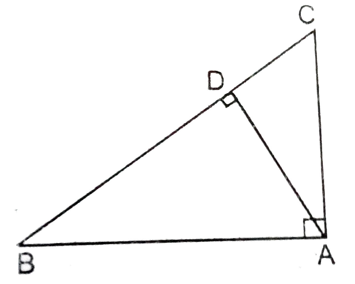 दिए गये चित्र में ABD एक समकोण त्रिभुज है जिसका angleA. समकोण है और ADbotBD, तो दिखाएँ कि   (i) AB^2=BC.BD   (ii) AC^2=BC.DC   (iii) AB.AC=BC.AD