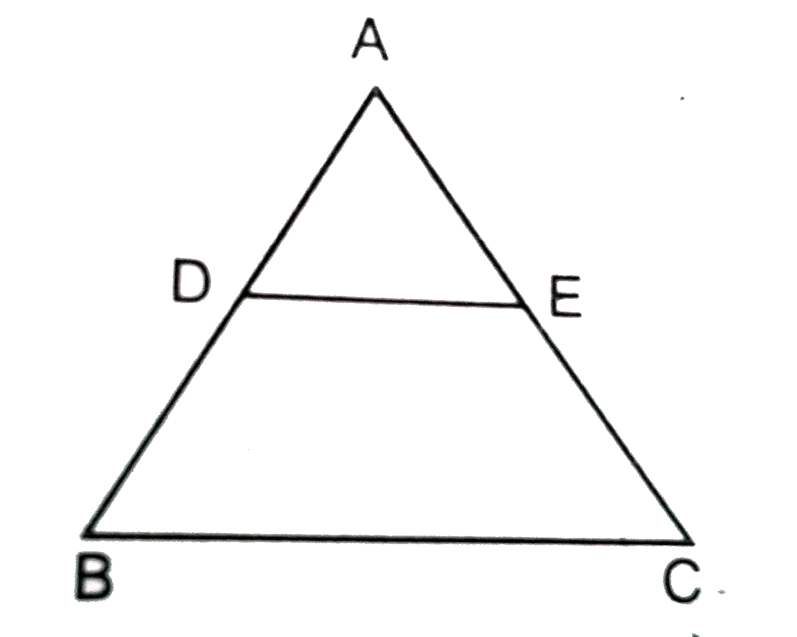 दिए गये चित्र में DE||BC और DE:BC =4:5।DeltaADE  और समलम्ब चतुर्भुज BCED के क्षेत्रफलों का अनुपात ज्ञात कीजिए ।
