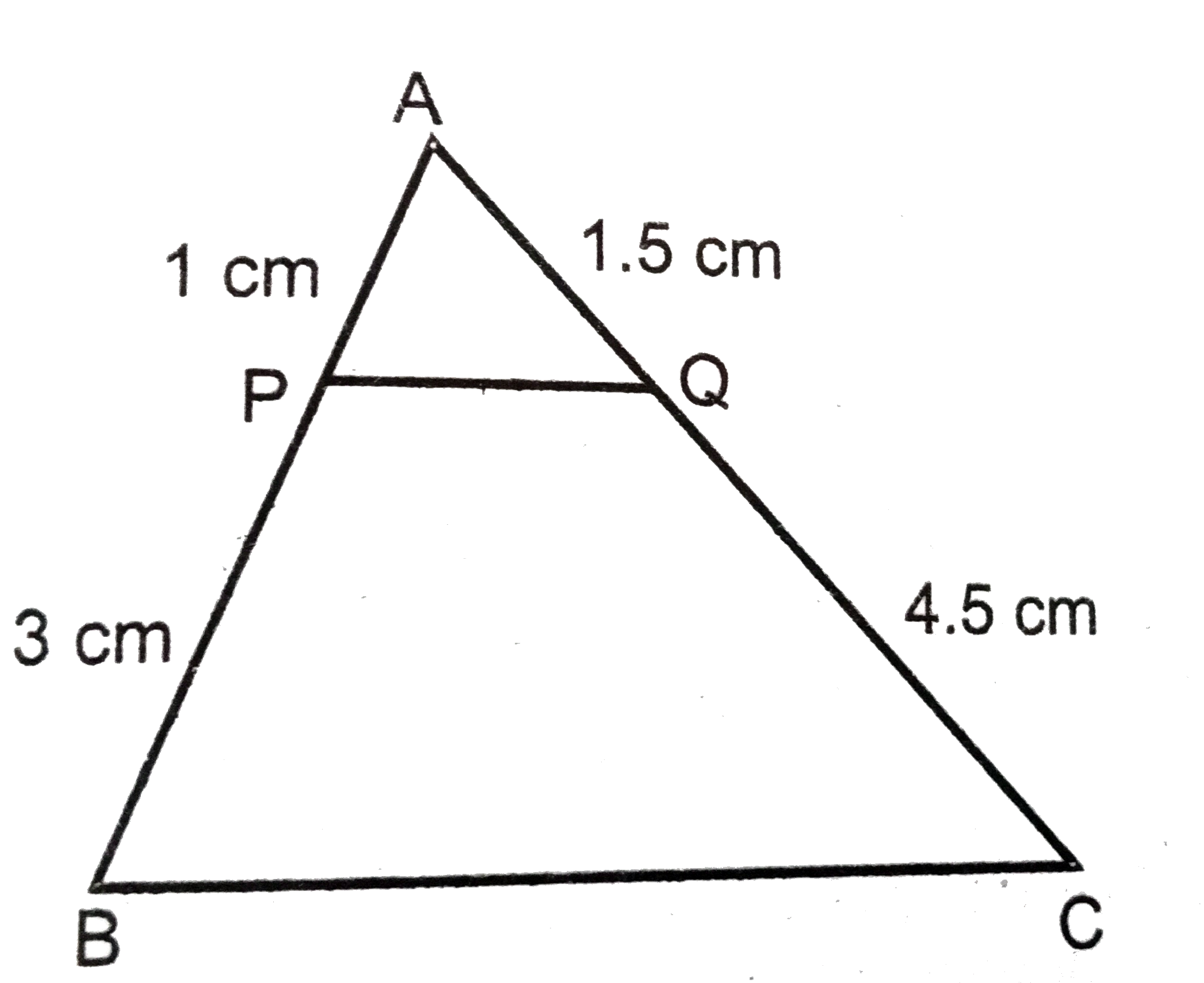 ABC एक त्रिभुज है और PQ एक सरल रेखा है जो AB से P पर तथा AC से Q पर मिलती है । यदि AP=1cm ,BP =3cm,AQ=1.5cm,CQ=4.5cm हो तो सिद्ध करें कि क्षे० (DeltaAPQ)=(1)/(16) क्षे० (Delta ABC)