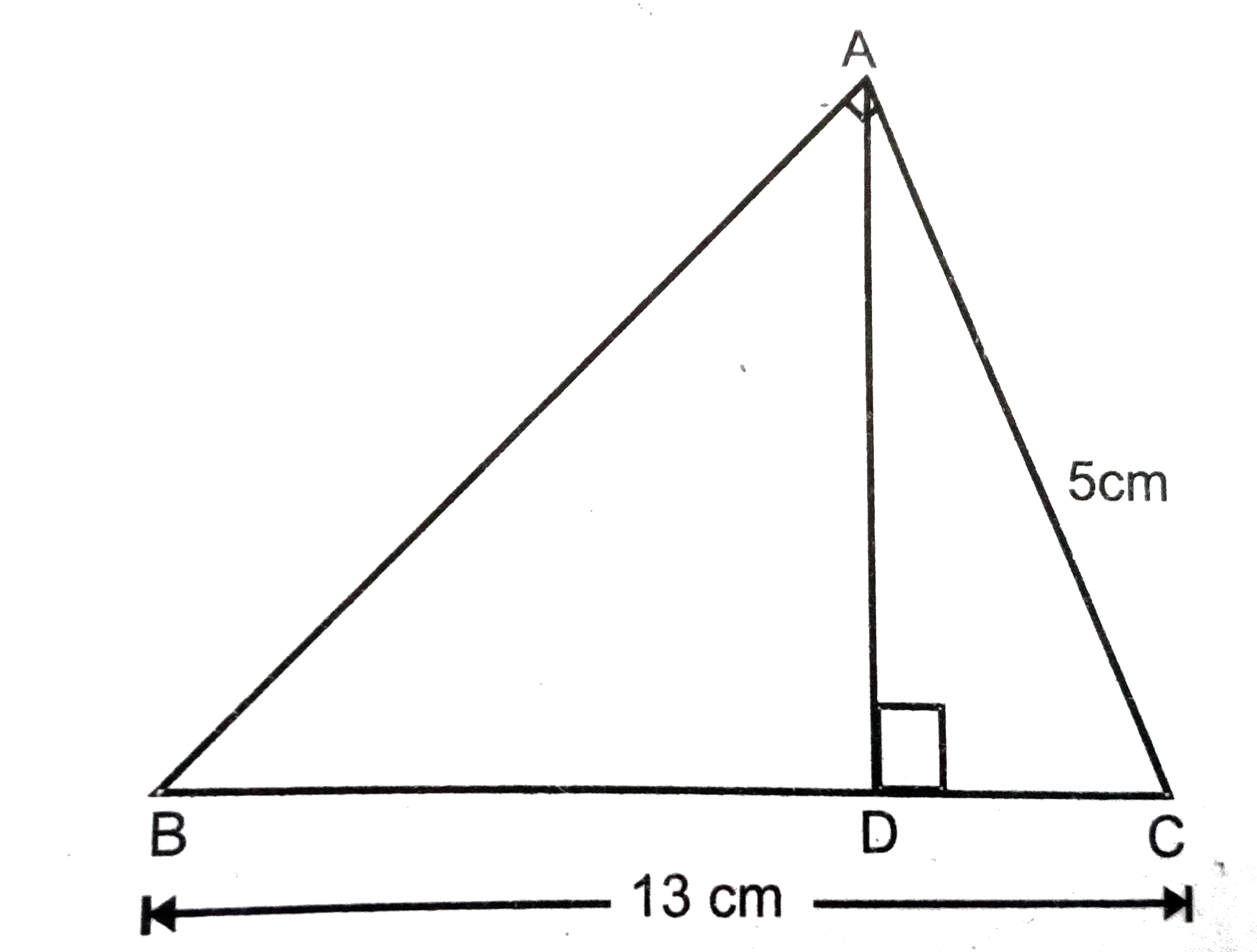 Delta ABC का कोण A समकोण है तथा ADbotBC है । यदि BC=13cm और AC=5cm तो DeltaABC और DeltaADC के क्षेत्रफलों का अनुपात ज्ञात कीजिए ।