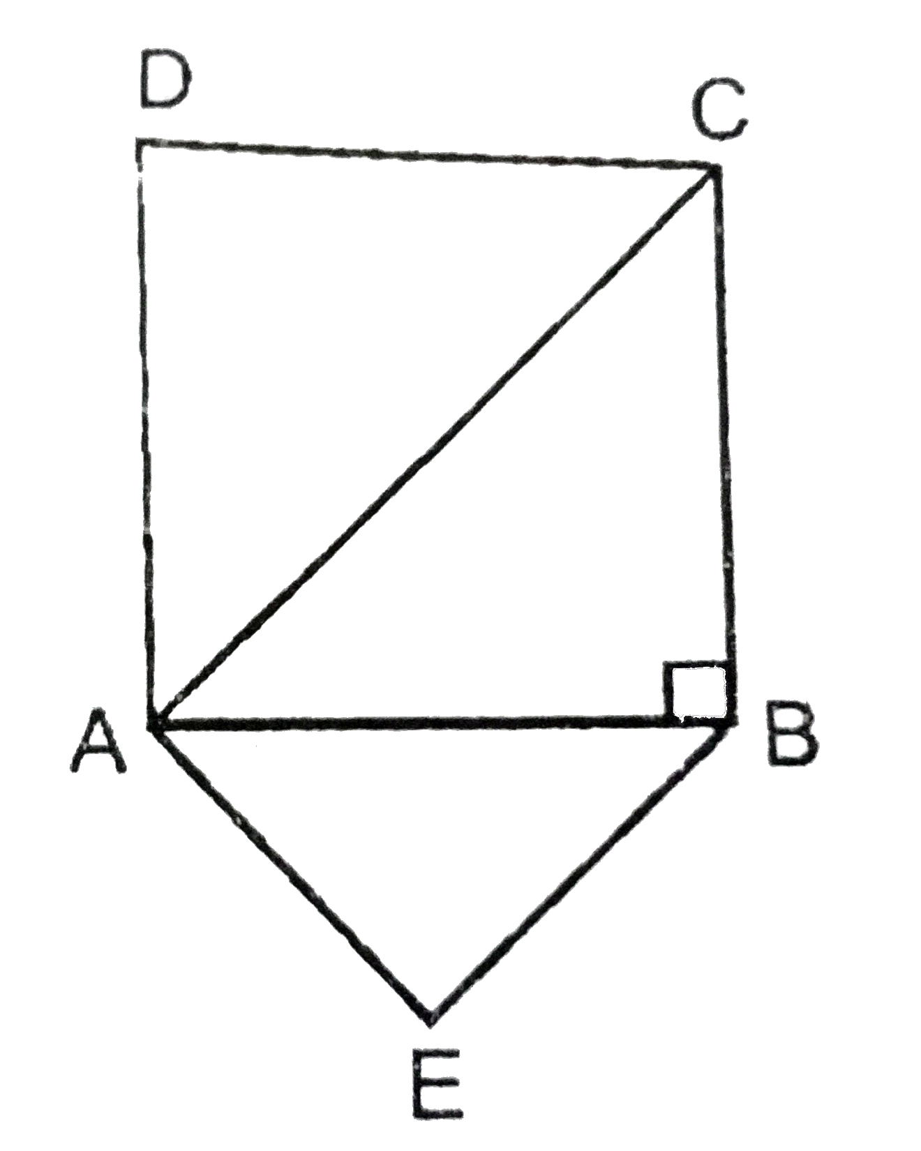 ABC एक समद्विबाहु त्रिभुज है जिसका कोण B समकोण है भुजाओं AC और AB पर समरूप त्रिभुज ACD और ABE बनाये गए है । DeltaABE और DeltaACD के क्षेत्रफलों का अनुपात ज्ञात करें ।