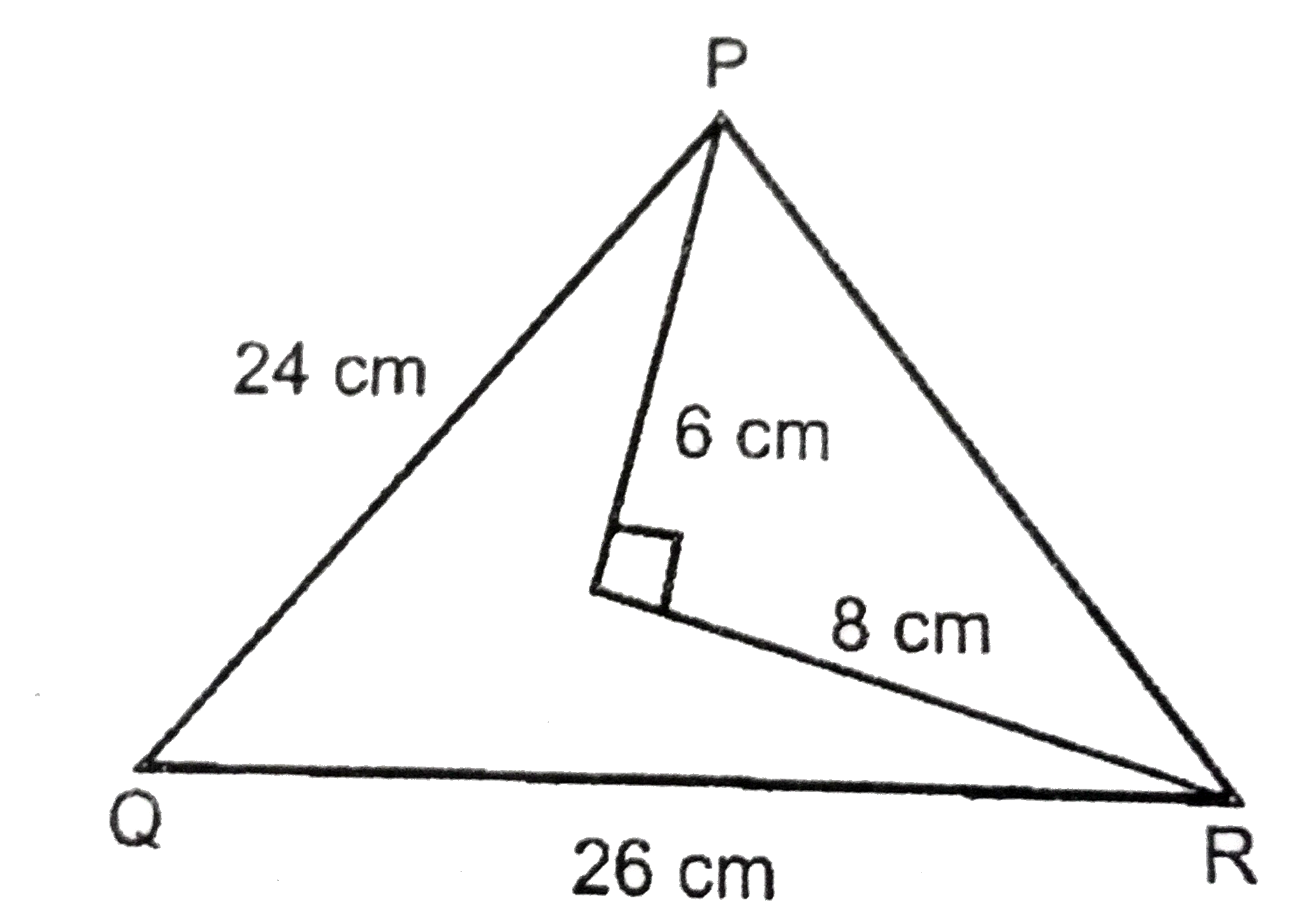 दिए गये चित्र में DeltaPQR के अन्दर Q एक बिन्दु इस प्रकार है कि anglePQR=90^@,OP=6cm और OR=8cm. यदि PQ=24cm और QR=26cm. सिद्ध करें कि (DeltaPQR एक समकोण त्रिभुज है ।