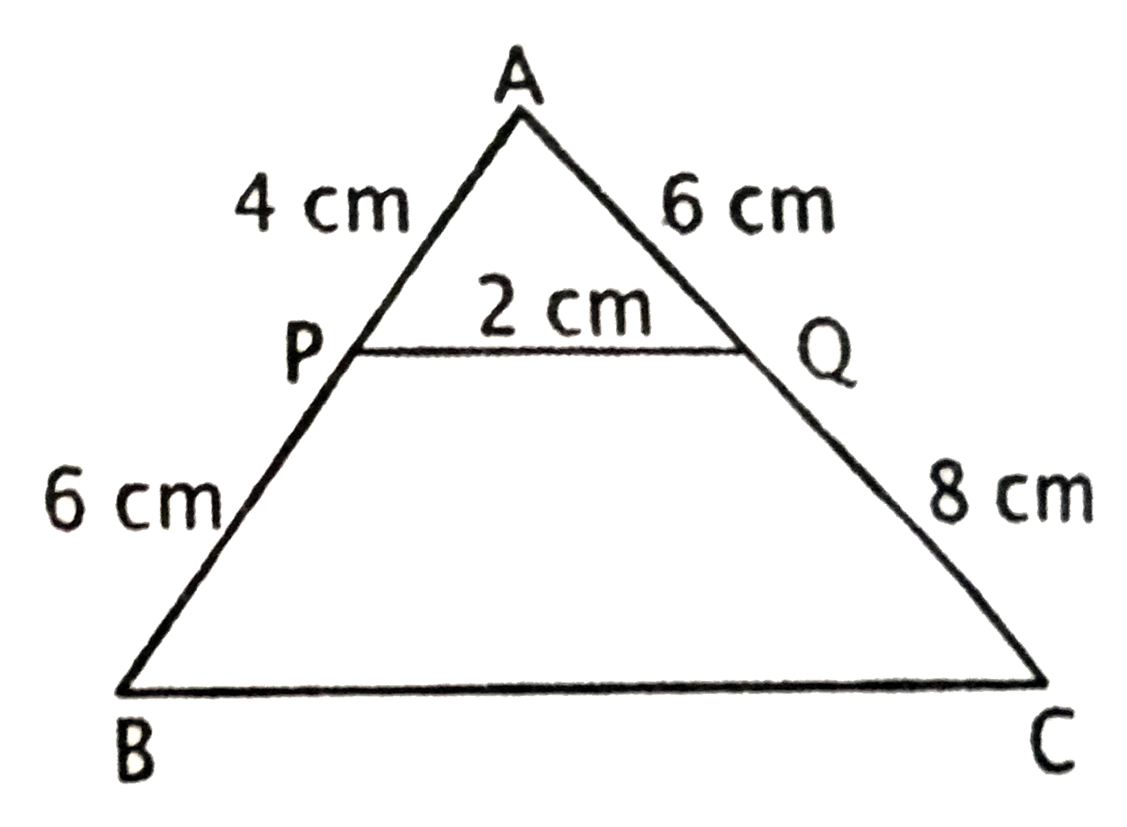 त्रिभुज ABC की भुजा AB और AC पर क्रमशः P और Q बिन्दु है । यदि AP=4 सेमी , PB=6 सेमी , AQ=6 सेमी, QC=8 सेमी हो तो निम्नलिखित में कौन सत्य है ?