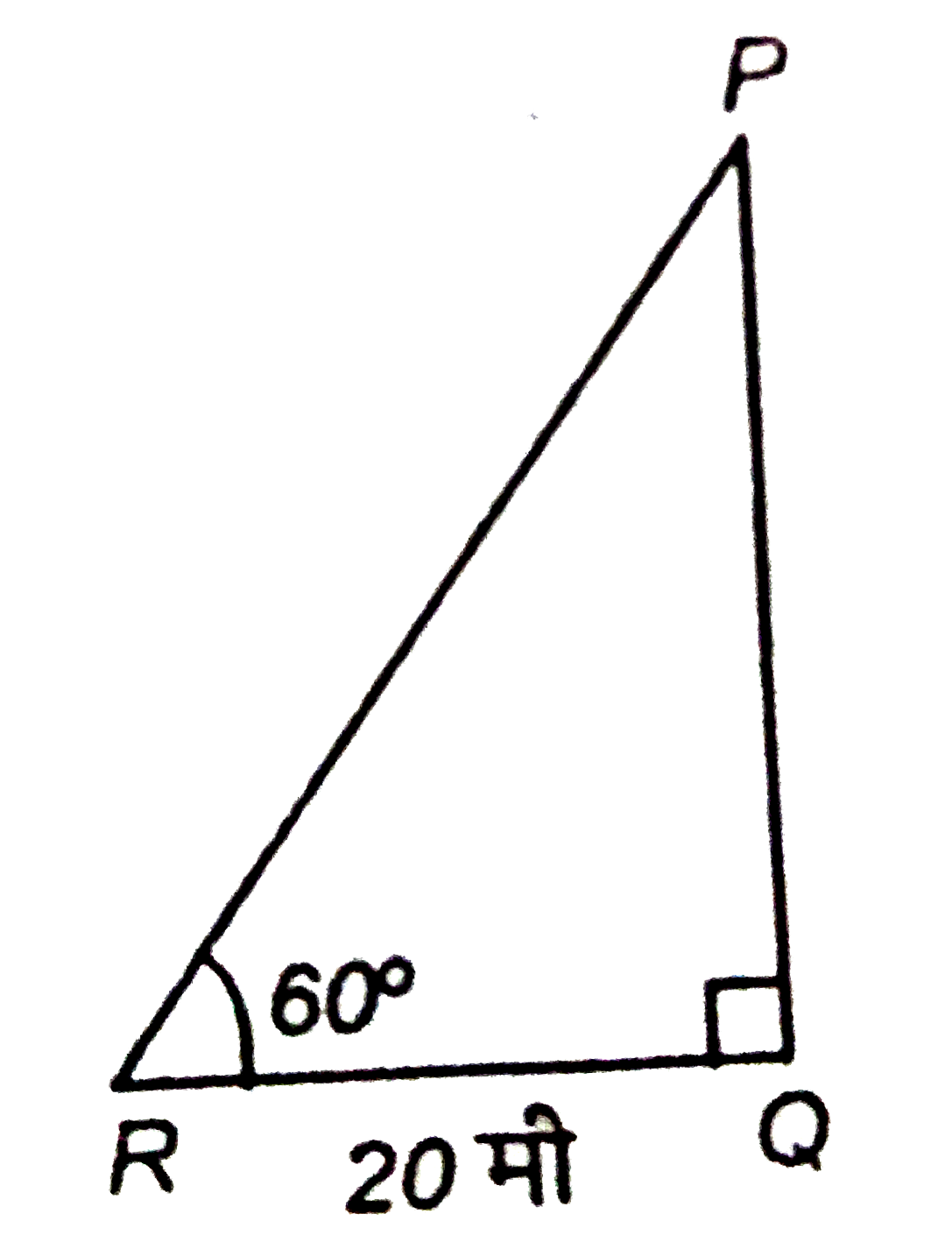 दिए गए  चित्र में PQ  एक मीनार है। उसकी जड़ से  20 मीटर   की दुरी पर जमीन  पर के किसी बिंदु R पर मीनार के शीर्ष  का उन्नयन  कोण 60^(@)है। मीनार की ऊँचाई है।