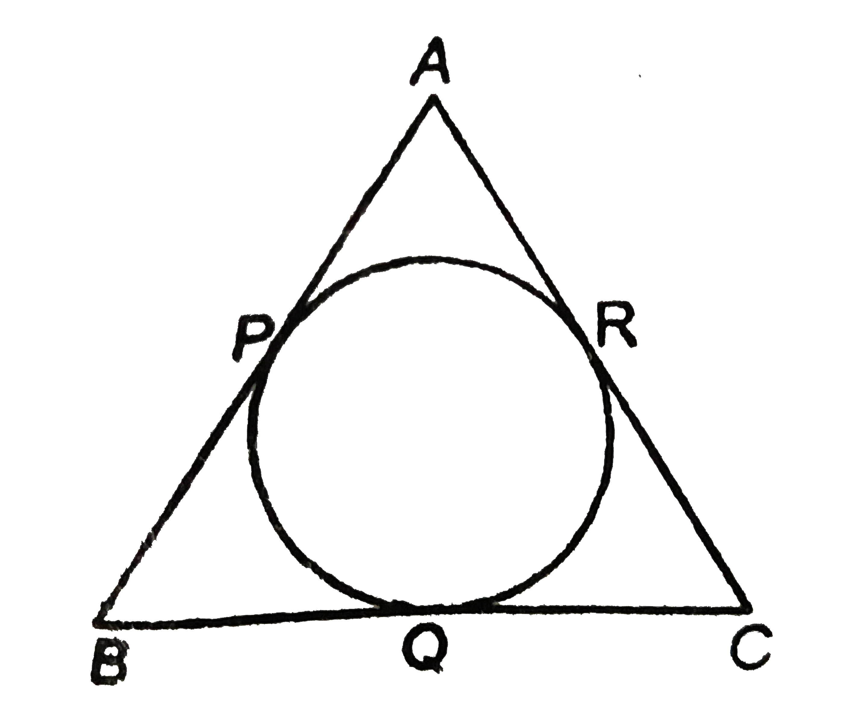 दिए गए चित्र में triangleABC की त्रिज्याएँ अन्तः वृत्त को P,Q,R पर स्पर्श करती हैं| यदि AP = 4 cm, BP = 6cm, AC =12 cm और BC= x cm, तो x=