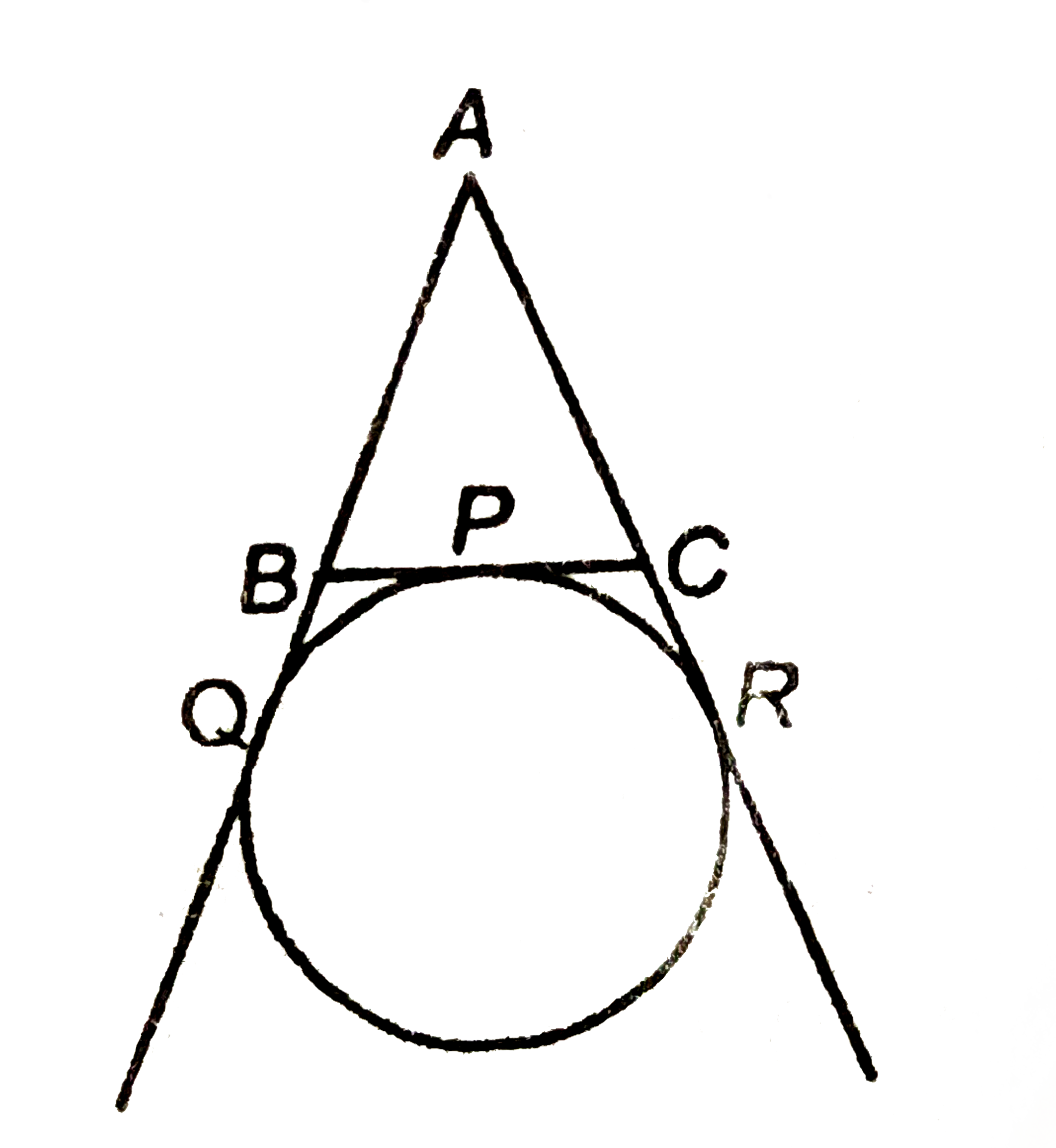 दिए गए चित्र में, एक वृत्त एक त्रिभुज  ABC की भुजा BC को P पर स्पर्श करती हैं एवं AB और AC के बड़े भाग को क्रमश: Q और R पर स्पर्श करती हैं तो triangleABC का परिमाप निम्नलिखित में किसके बराबर हैं?