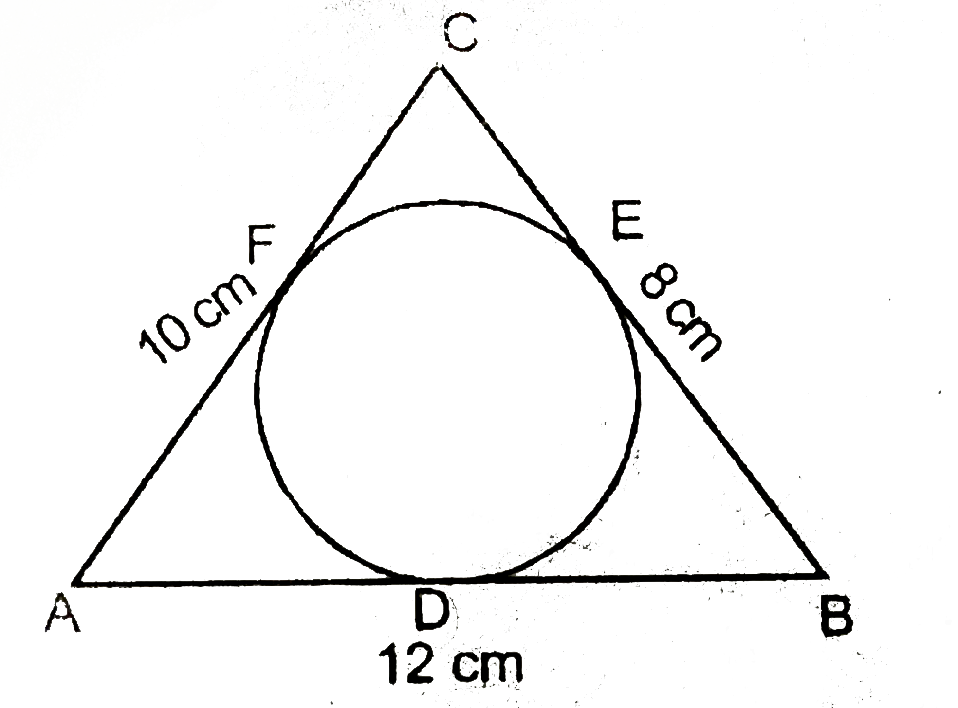 एक triangleABC जिसकी भुजाएँ 8cm, 10cm और 12 cm हैं, का अन्तः वृत्त खिंचा गया हैं, जैसा चित्र में दिखाया गया हैं।  तब AD, BE तथा CF का मान ज्ञात करें।