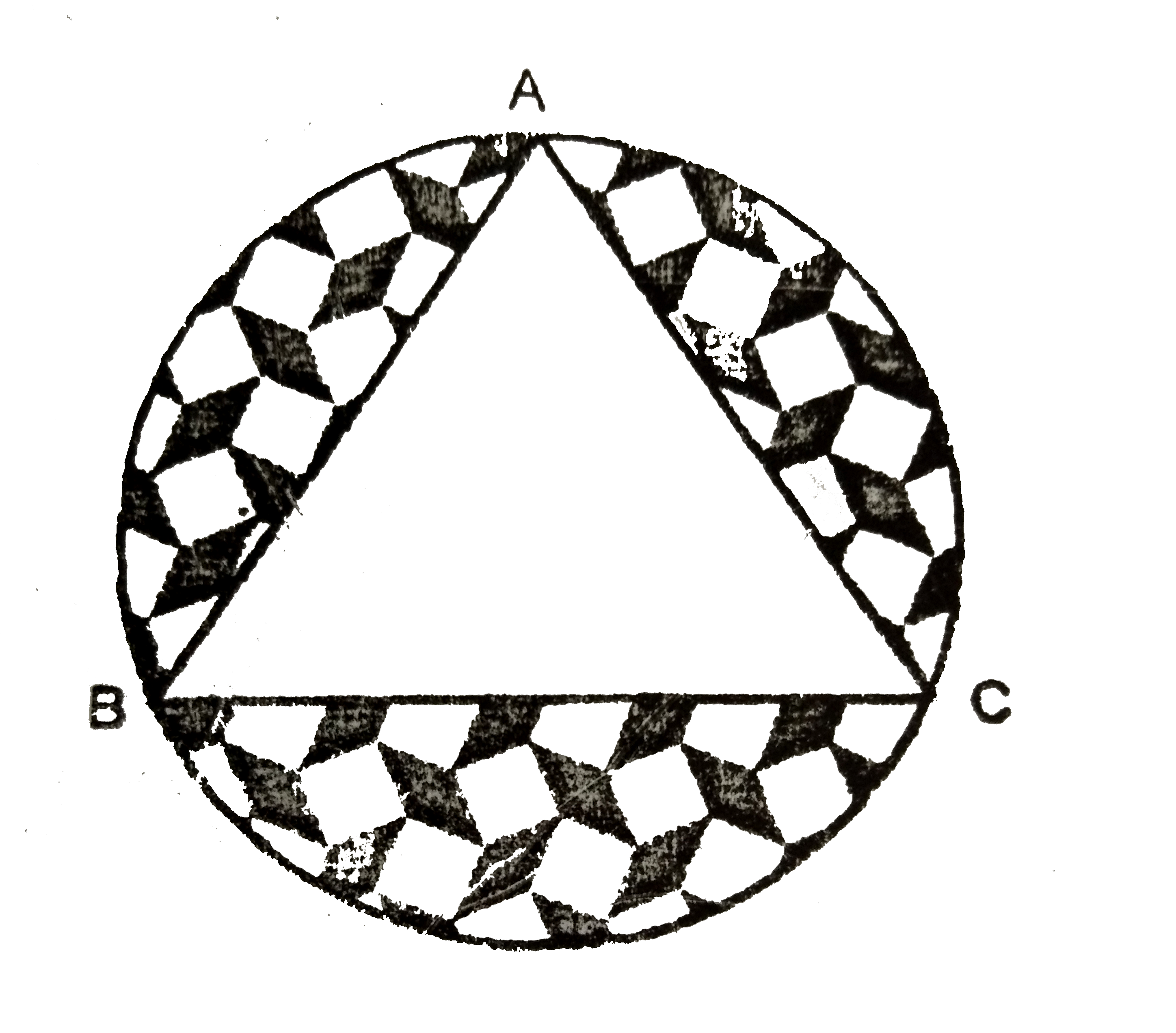 एक वृत्ताकार  मेजपोश  जिसकी  त्रिज्या 32 cm  है, के  बीच  में एक समबाहु त्रिभुज ABC  छोड़ते हुए  एक  डिजाइन  बना हुआ  है, जैसाकि  चित्र  में  दिखाया  गया  है | इस  छायांकित  डिजाइन  का क्षेत्रफल  ज्ञात  कीजिये |