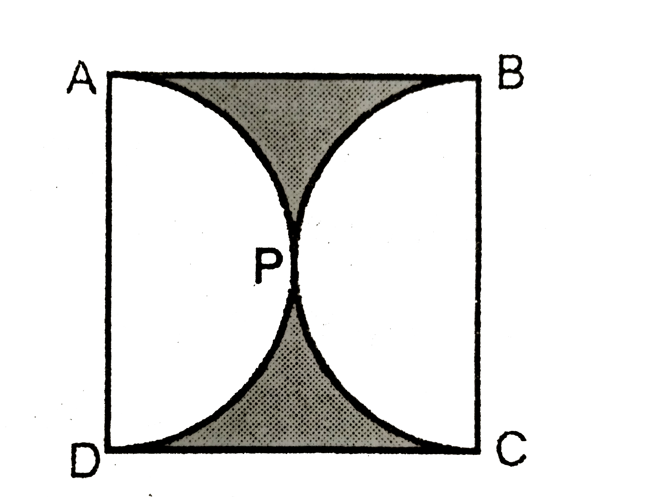 दिए गए  चित्र  में ABCD  एक  वर्ग  है  जिसकी  भुजा  14 cm   है।  APD  और BPC   अर्द्धवृत  है।   छायांकित  क्षेत्र  का क्षेत्रफल  ज्ञात  करे।