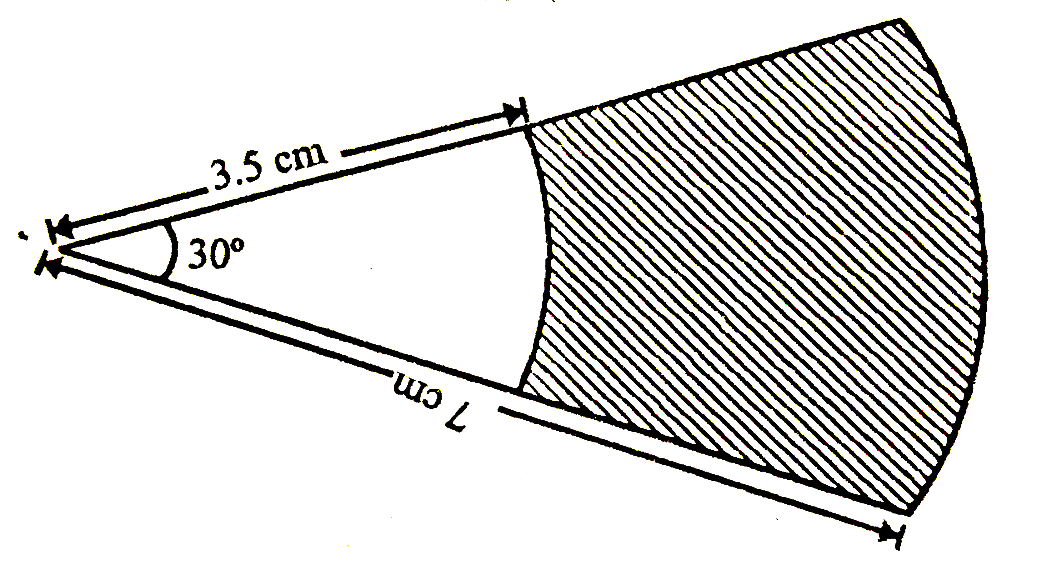 दिए  गए  चित्र  में  दो संकेन्द्रीय वृत्तों, जिनकी त्रिज्याएँ 7 cm और  3.5  cm  है, के  त्रिजयखंड दिखाए  गए है| छायांकित  भाग  का  क्षेत्रफल  ज्ञात  करे ।