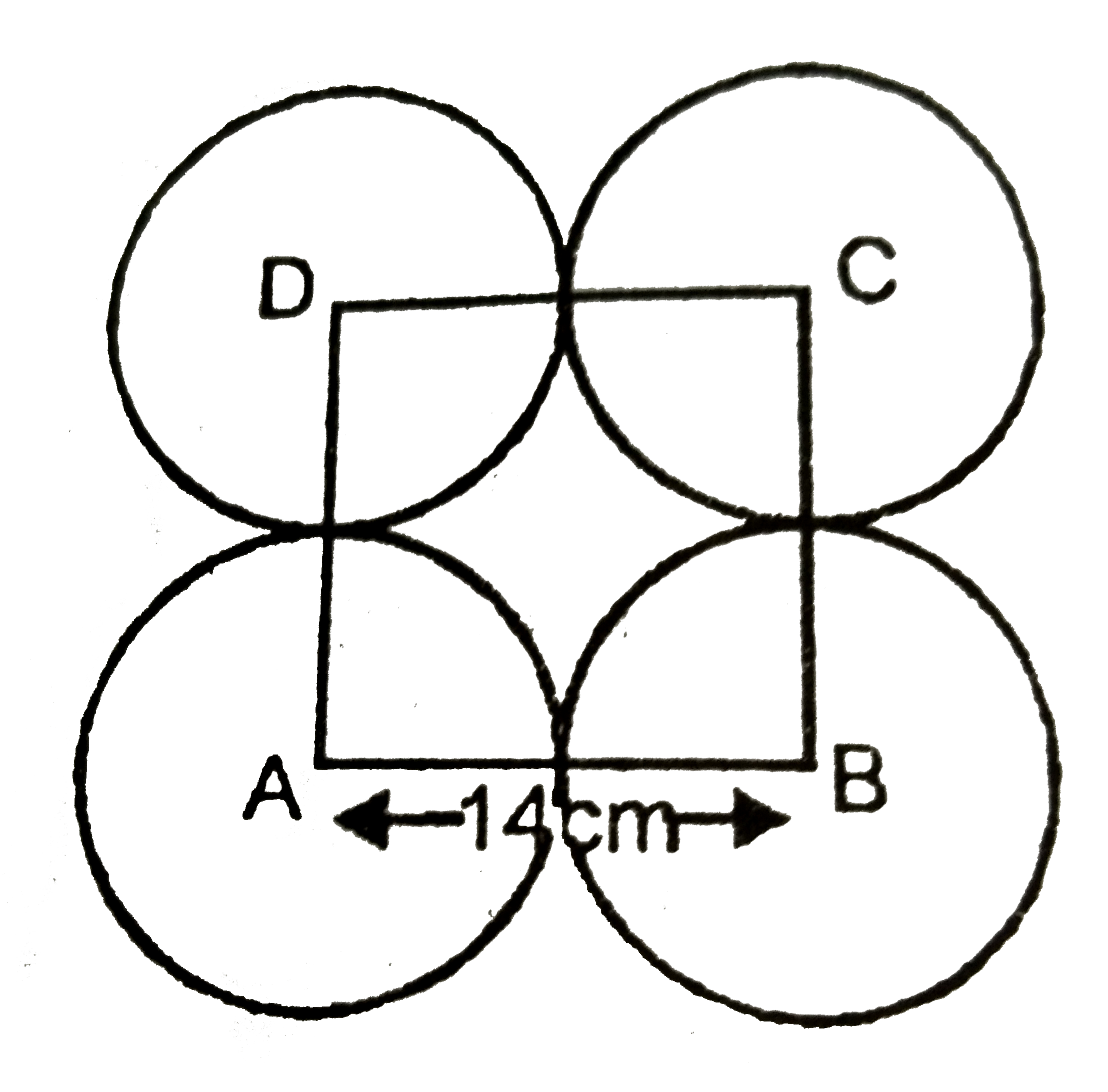 आकृति  में  ABCD  भुजा  14 cm वाला एक  वर्ग  है।   A, B, C  और D  को  केंद्र मान  कर  चार वृत्त  इस प्रकार  खींचे  गए है कि प्रत्येक  वृत्त  तीन शेष वृत्त  में  से दो वृत्तों  को बाह्य रूप  से स्पर्श करती है। छायांकित भाग  का क्षेत्रफल  ज्ञात  कीजिये।