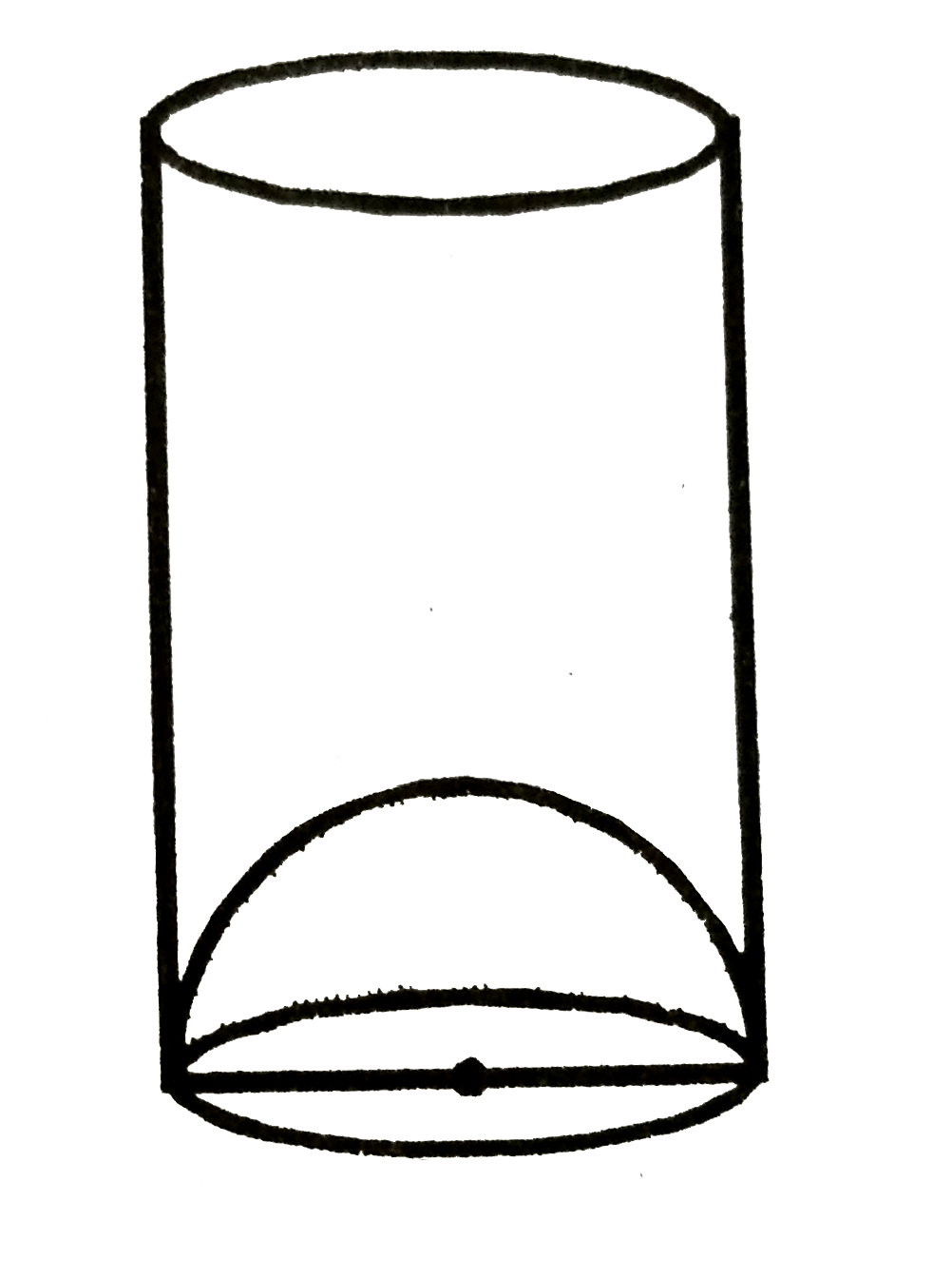 एक गिलास का 7 cm आतंरिक व्यास है इसके निचले आधार के एक उभरा हुआ अर्धगोला है जैसा की चित्र में दर्शाया गया है यदि गिलास की उचाई 16cm हो तो गिलास की आभासी धारिता और वास्तविक धारिता ज्ञात करे। [pi=(22)/(7)