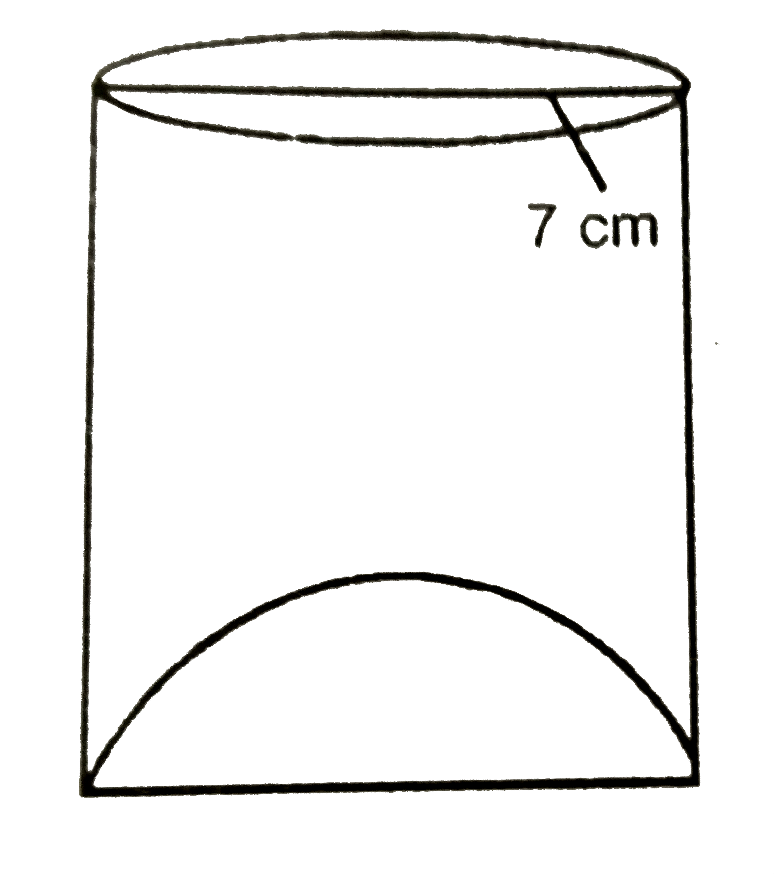 एक जूस (Juice) बेचनेवाला आपने ग्राहक को आकृति में दिखाए गिलासों से जूस देता था। बेलनाकार गिलास का आतंरिक व्यास 7cm और ऊंचाई 12cm है किन्तु गिलास के निचले आधार में एक उभरा हुआ गोला था जिसमे गिलास की धारिता कम हो गयी है। गिलास की आभासी धारिता और वास्तविक धारिता ज्ञात कीजिए।
