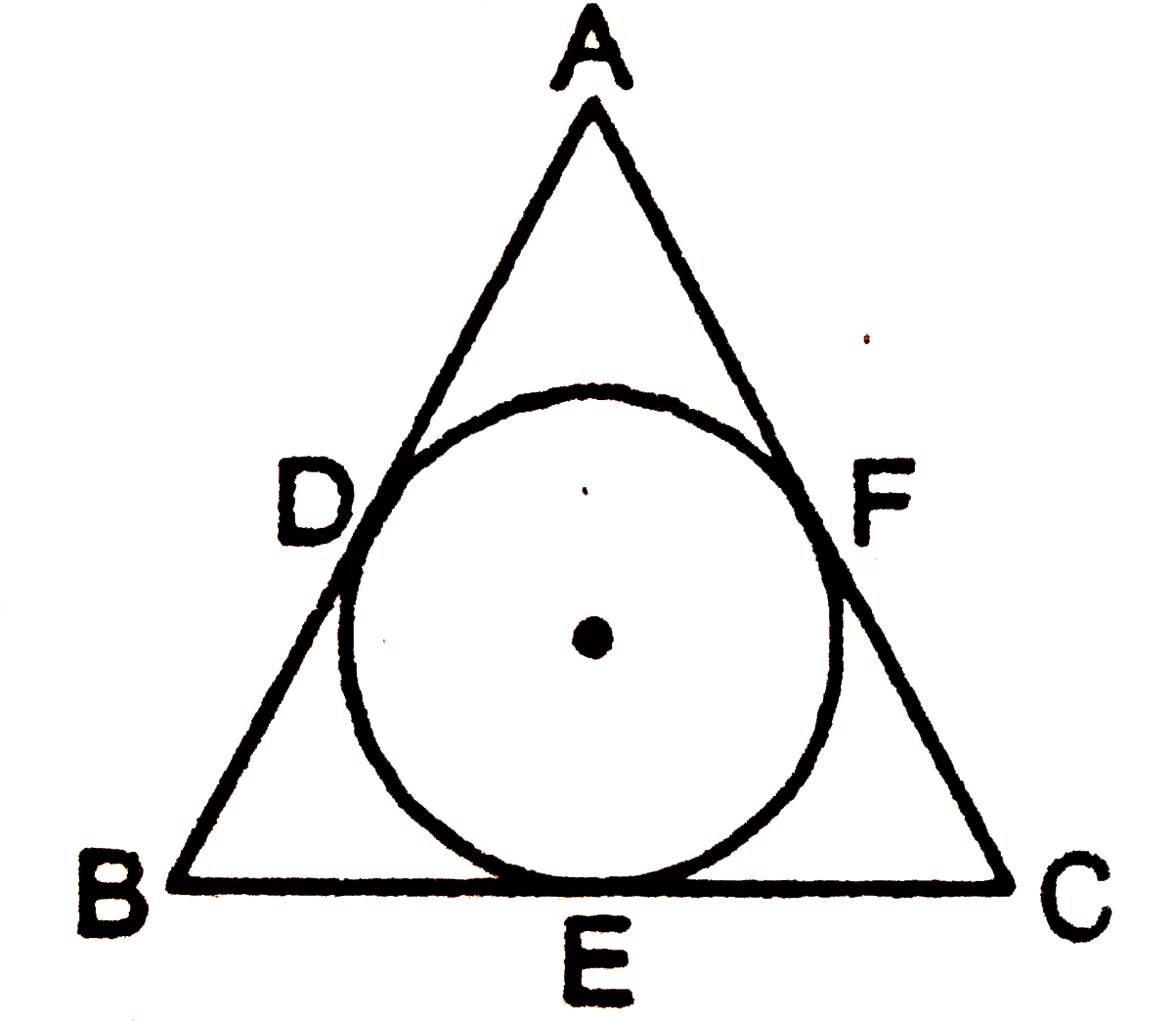 त्रिभुज ABC के अंदर एक वृत्त है जो भुजा AB , BC और AC को क्रमशः बिंदु D , E और F पर स्पर्श करती है। अगर  AB = 12 सेमी, BC = 8 सेमी और AC = 10 सेमी हो तो AD , BE और CF की लम्बाई ज्ञात करें।