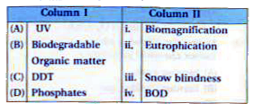 Match the items in column I and column II and choose the correct option:    
 (A) A-ii, B-i, C-iv, D-iii  

 (B) A-iii, B-ii, C-iv, D-i  

 (C) A-iii, B-iv, C-i, D-ii  

 (D) A-iii, B-i, C-iv, D-ii