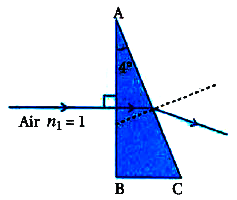 A horizontal ray is incident on a right-angled prism with prism angle of 4o. If the refractive index of material of the prism is 1.5, angle of emergence is .......... . Use the given figure.