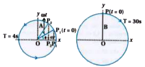 Figures depicts two circular motions. The radius of the circle, the period of revolution, the initial position and the sense of revolution are indicated on the figures. Obtain the simple harmonic motions of the x-projection of the radius vector of the rotating particle P in each case.