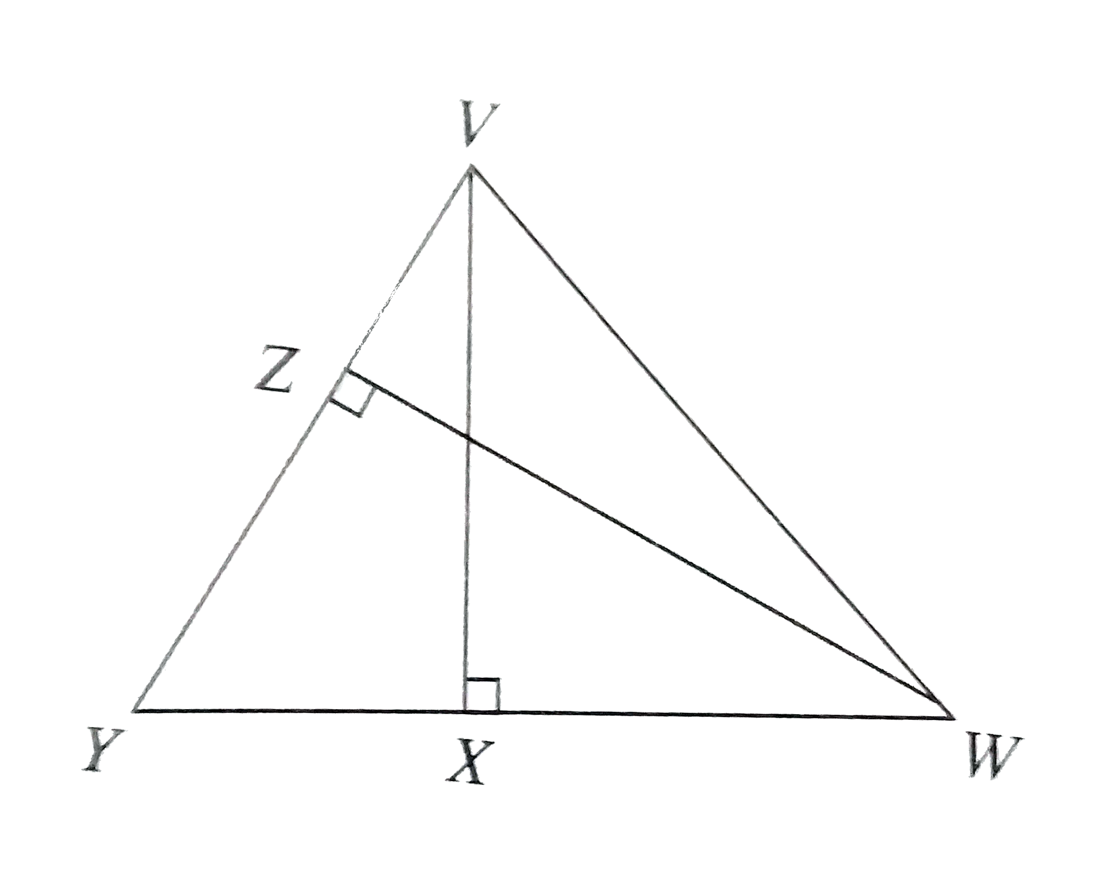 In Delta YVW in Figure, bar(VX) is the altitude to side bar(YW), and bar(ZW) is the altitude to side bar(YV). If bar(VX)=3, bar(YV)=4, and bar(ZW)=5, what is the length of side bar(YW)  ?