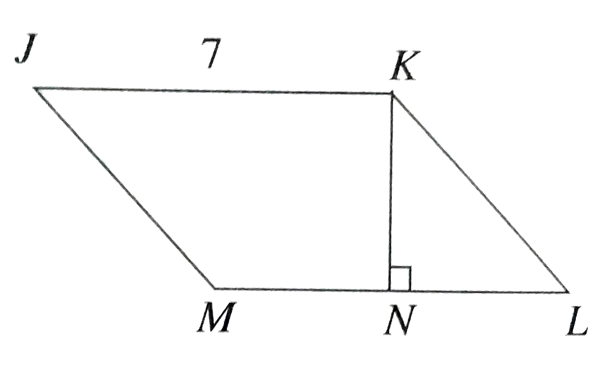 The area of parallelogram JKLM is 28 bar(JK)=7. If bar(KN) is perpendicular to bar(ML) and if N is the midpoint of bar(ML), what is the perimeter of JKLM ?