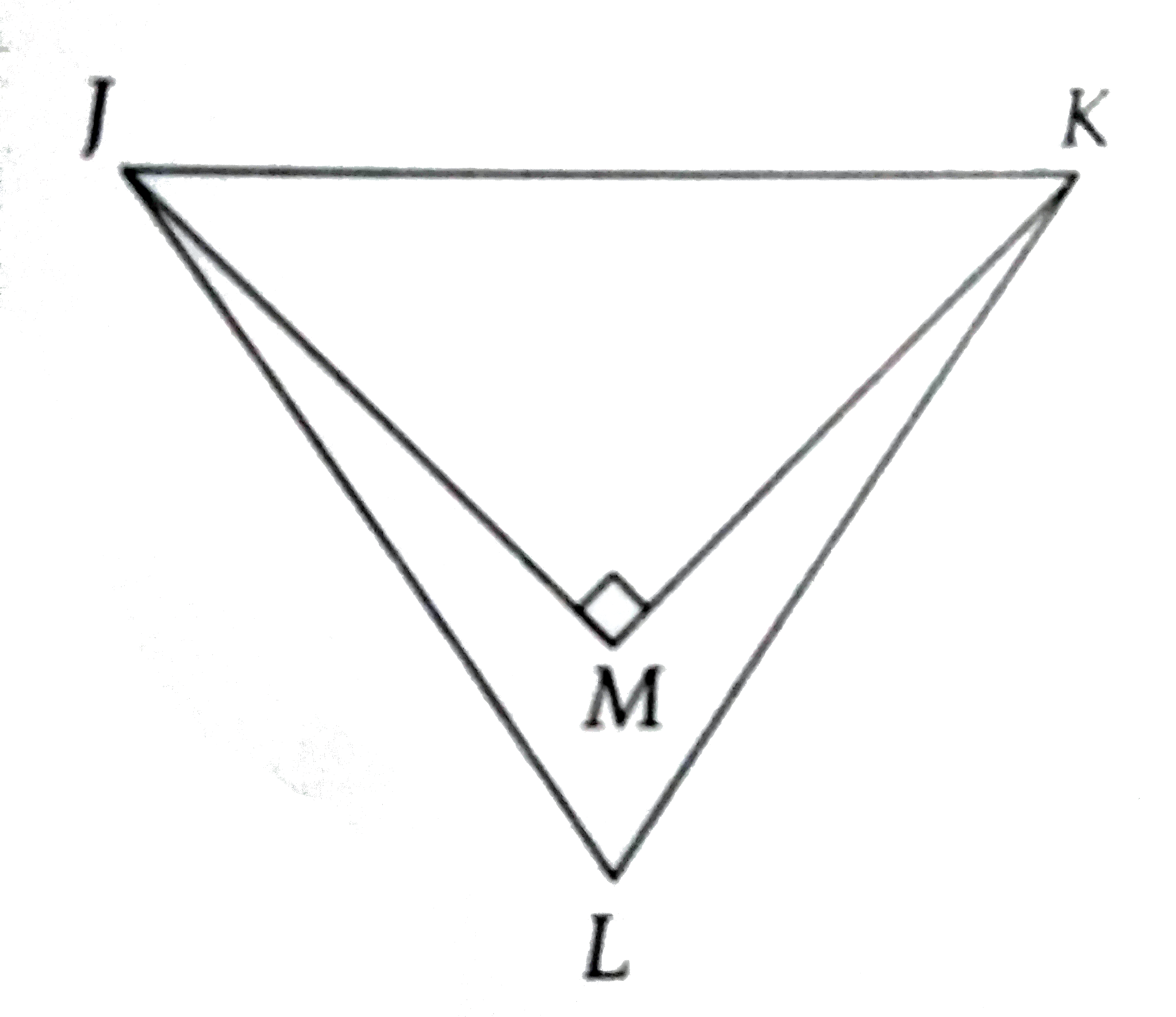 Delta JKL is equilateral, and Delta JKM is isosceles. If bar(KL)=2, what is the distance from L to M  ?