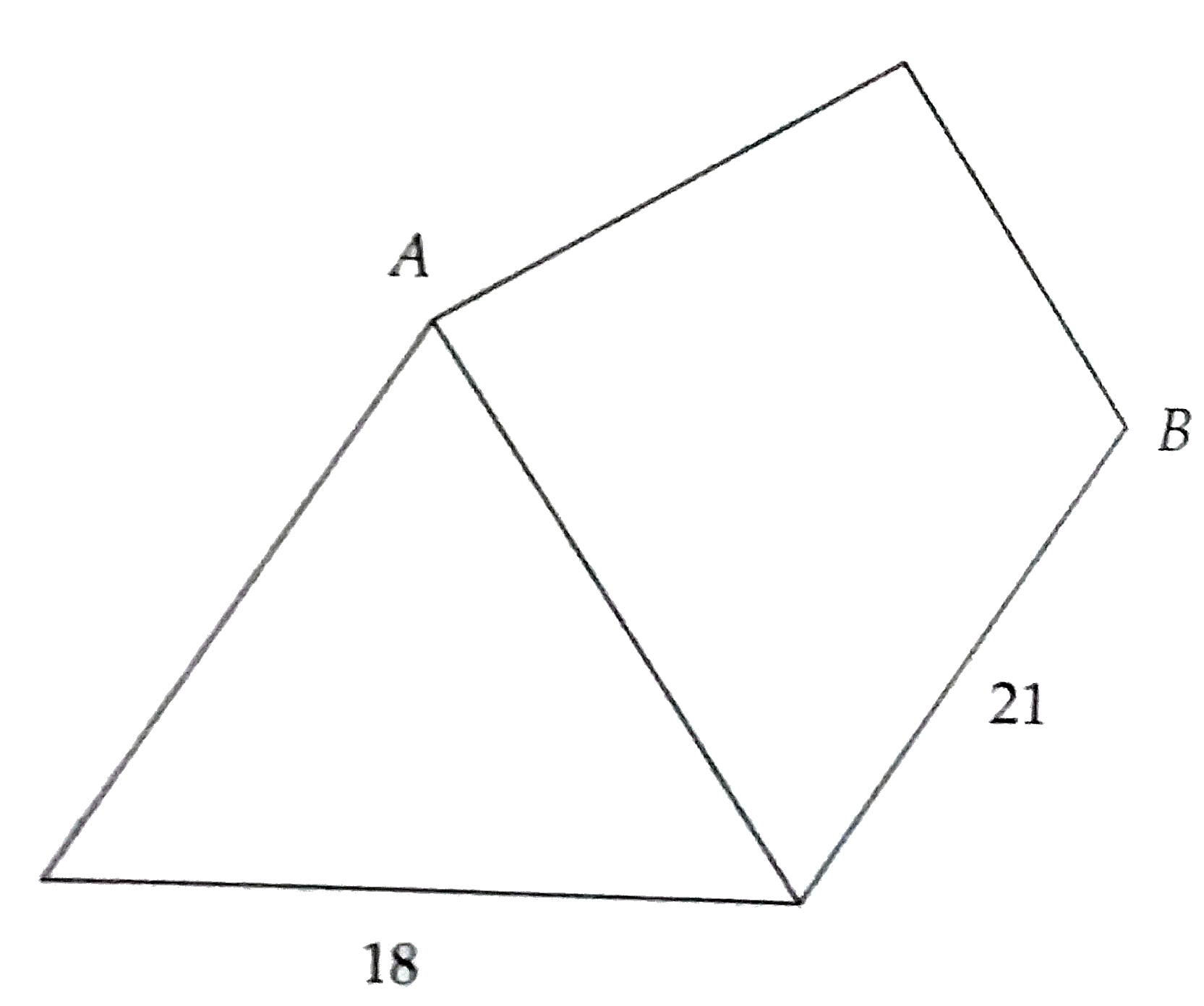 In the triangle solid shown in Figure points A and B are vertices. The triangular faces are isosceles. The solid has a height of 12, a length of 21, and a width of 18. What is the distance between A and B ?