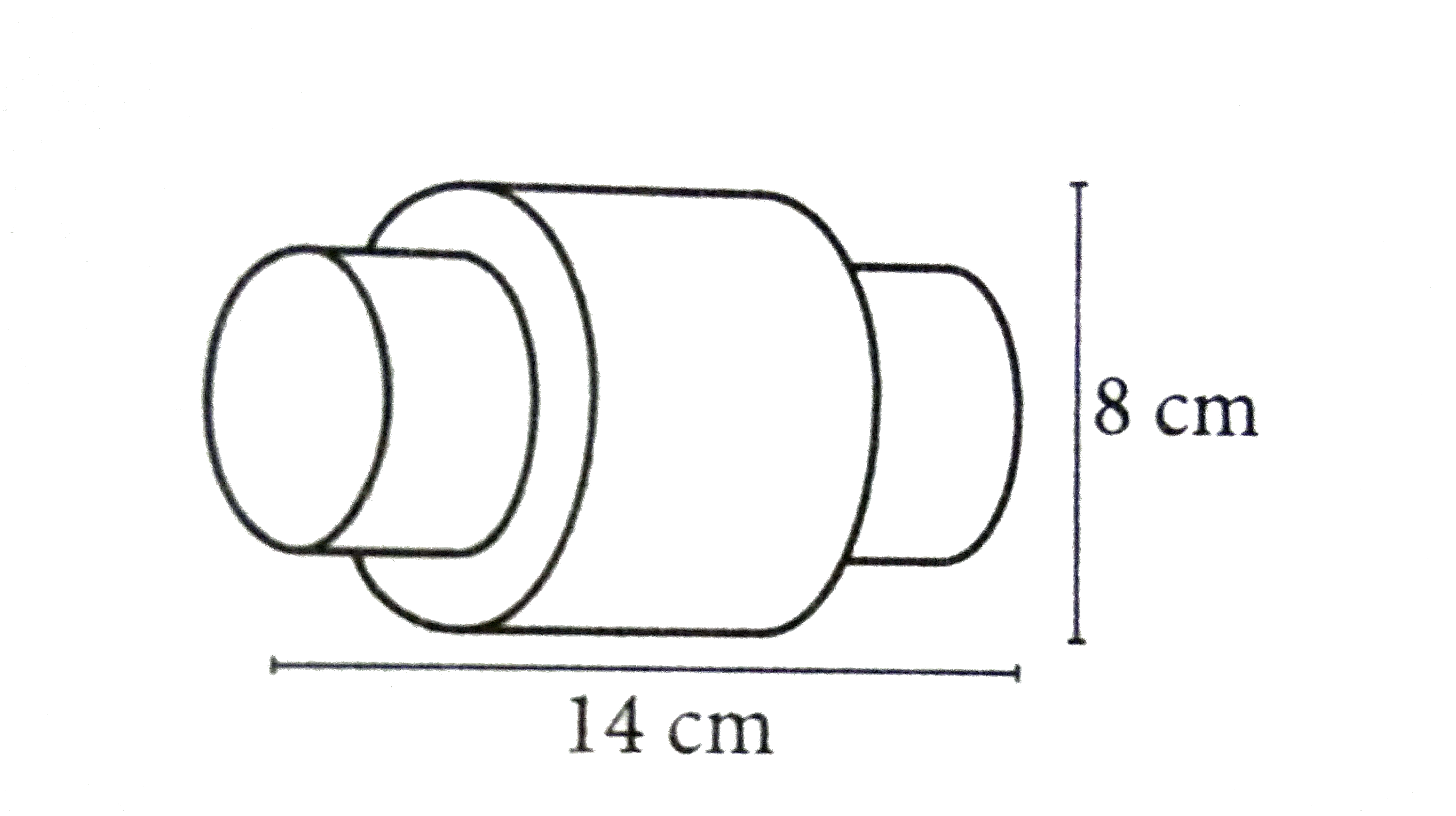 A locking pin is often made using a cylinder-cylinder pair in which a narrow cylinder fits tightly inside a wider cylinder. The inner cylinder protrudes from the outer cylinder, usually by equal amounts on both ends. In the diagram above, the radius of the inner cylinder is half the radius of the outer cylinder by 4 centimeters on each end. What is the volume of the locking pin ? Round your answer to the nearest cubic centimeter.