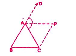 बगल के चित्र में Delta ABC में AB=CA और रेखा CP || रेखा BA तथा AP, angle BAC के बहिष angle CAD का समद्विभाजक हैI तो सिद्ध करें कि angle PAC= angle BCA तथा ABCD एक समांतर चतुर्भुज है।