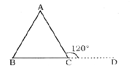 यदि निम्नलिखित आकृति में दर्शाए गए त्रिभुज ABC में AB = AC और angleACD= 120^(@)  तो angleA  किसके बराबर है ?