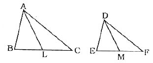 ABC और DEF दो समानकोणिक त्रिभुजों की माध्यिकाएँ AL और DM क्रमश: नीचे दिए गए चित्र में दर्शाई गई हैं।       उपर्युक्त स्थिति के लिए सही विकल्प का चयन करें।