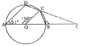 निम्न आकृति में AB, एक O केंद्र वाल वृत्त का व्यास है। तदनुसार यदि angleAOE= 150^(@), angleDAO =51^(@)  हो, तो angleCBE  का माप कितना होगा ?