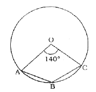 संलग्न आकृति में angleAOC= 140^(@)  हो, जहाँ O वृत्त का केंद्र बिंदु है तो angleABC  किसके बराबर होगा ?