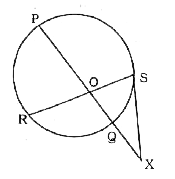 दी गई आकृति में, SX एक स्पर्श रेखा है। SX = OX = OR है। if QX =3 सेमी. तथा PQ= 9 सेमी हैं, तो OS का मान (सेमी. में) क्या है ?