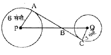 दो वृत्त हैं जिनकी त्रिज्याएँ क्रमशः 6 सेमी. और 3 सेमी हैं और इनके केंद्र बिंदु P और Q हैं। एक अनुप्रस्थ सामान्य स्पर्श रेखा AC, P और Q को मिलाने वाली रेख को B बिंदु पर काटती है, और AB = 8 सेमी. है। PQ की लंबाई (सेमी. में) ज्ञात कीजिए।