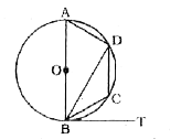 दिए गए चित्र में वृत्त का व्यास AB 16 सेमी है। BT बिन्दु B पर स्पर्श रेखा है तथा DBT= 60^(@). यदि CD= AB के समांतर है तथा वृत्त के त्रिज्या के बराबर है तो समलंब ABCD का परिमाप (सेमी. में) ज्ञात करें।