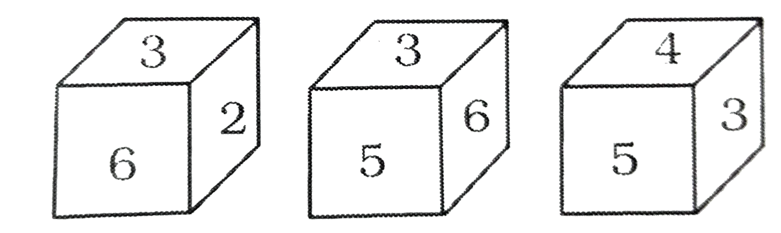 नीचे एक पासे की तीन स्थापना स्थितियों को दर्शाया गया है । संख्या 6 वाले फलक के विपरीत फलक की संख्या ज्ञात करें ।