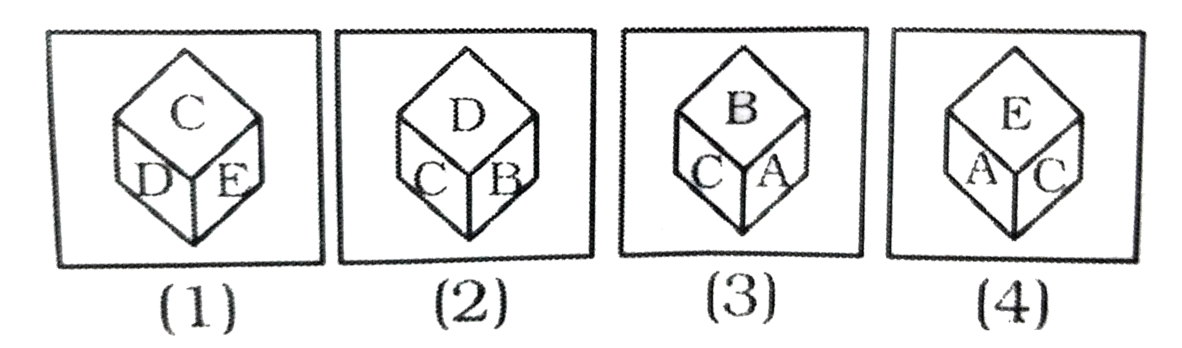 नीचे पासे की चार स्थितियाँ दी गई हैं । कौन - सा अक्षर D के सामने होगा ?