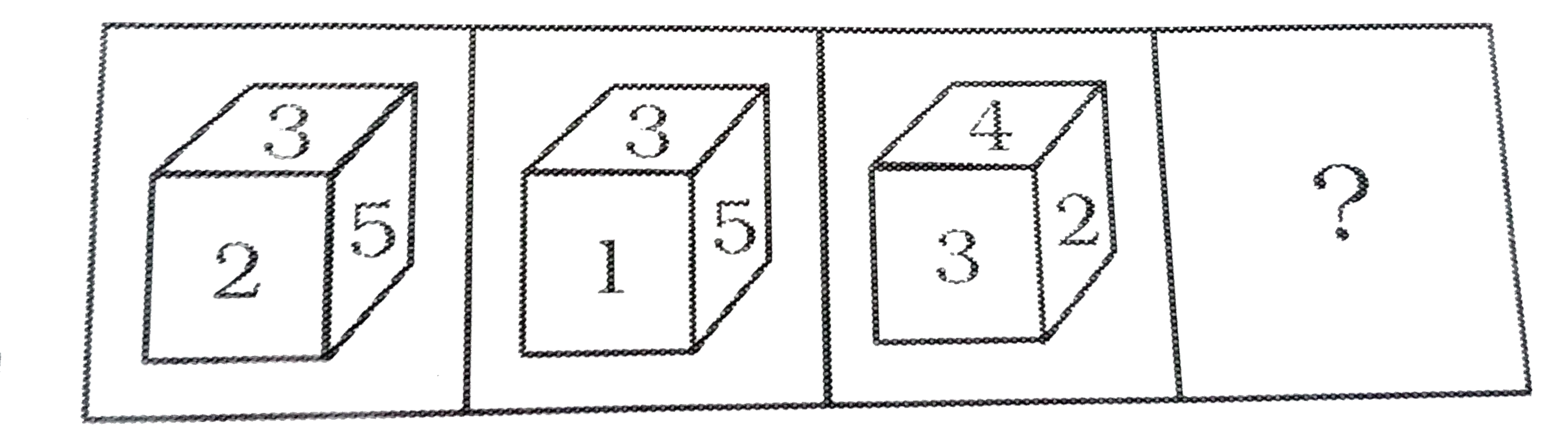 एक समान घन के तीन चित्र दिए गए हैं । घन के सभी फलकों पर 1 से 6 संख्या दी गई हैं । ऐसी एक आकृति चुनिए जो घन के खोलने पर दिखाई देगी ।