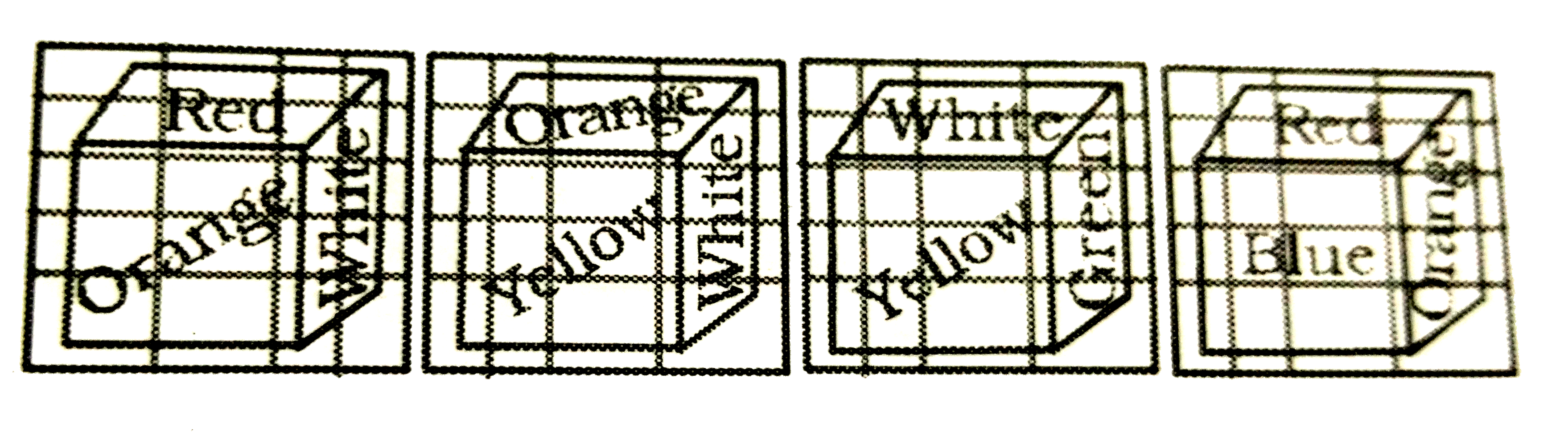 नीचे किसी घन की चार अवस्थाएं दर्शायी गयी है । दिए गए घनों में सफेद रंग के ठीक सामने कौन - सा रंग है ?