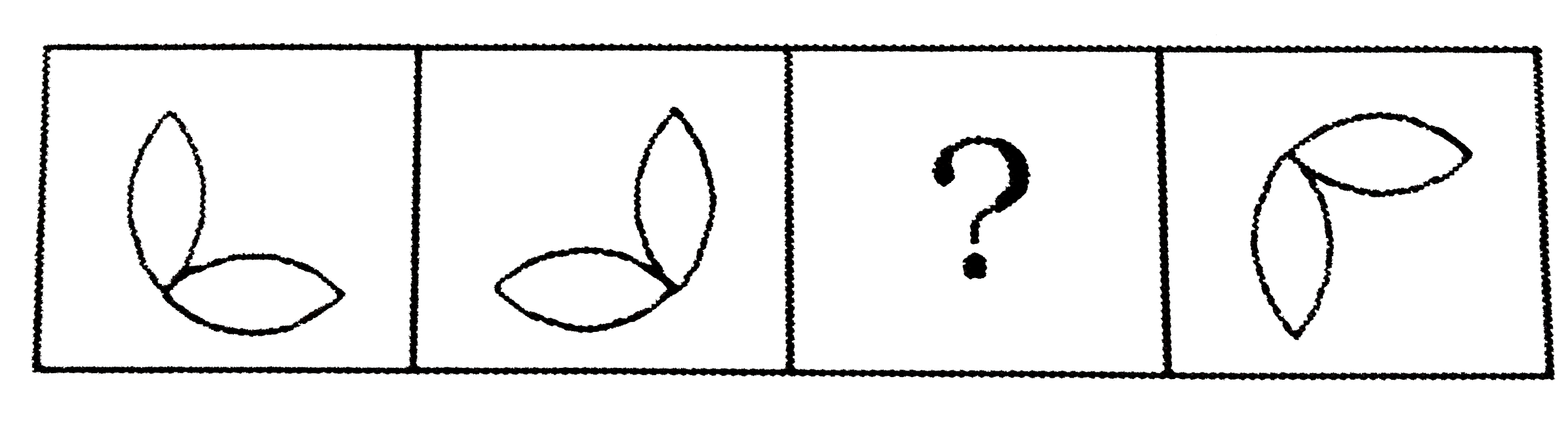 निम्नलिखित प्रश्न में , एक अनुक्रम दिया गया है जिसमे एक आकृति लुप्त है । चार दिए गए विकल्पों में से वह विकल्प चुनिए जो अनुक्रम को पूरा करे ।