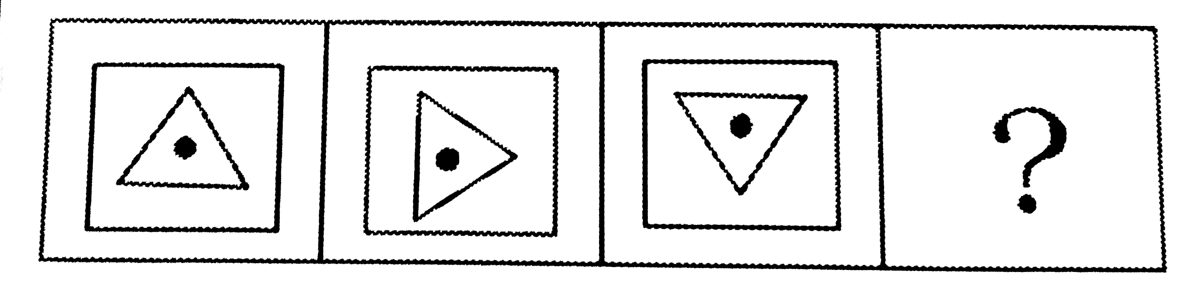 निम्नलिखित प्रश्न में , एक अनुक्रम दिया गया है जिसमे एक आकृति लुप्त है । चार दिए गए विकल्पों में से वह विकल्प चुनिए जो अनुक्रम को पूरा करे ।