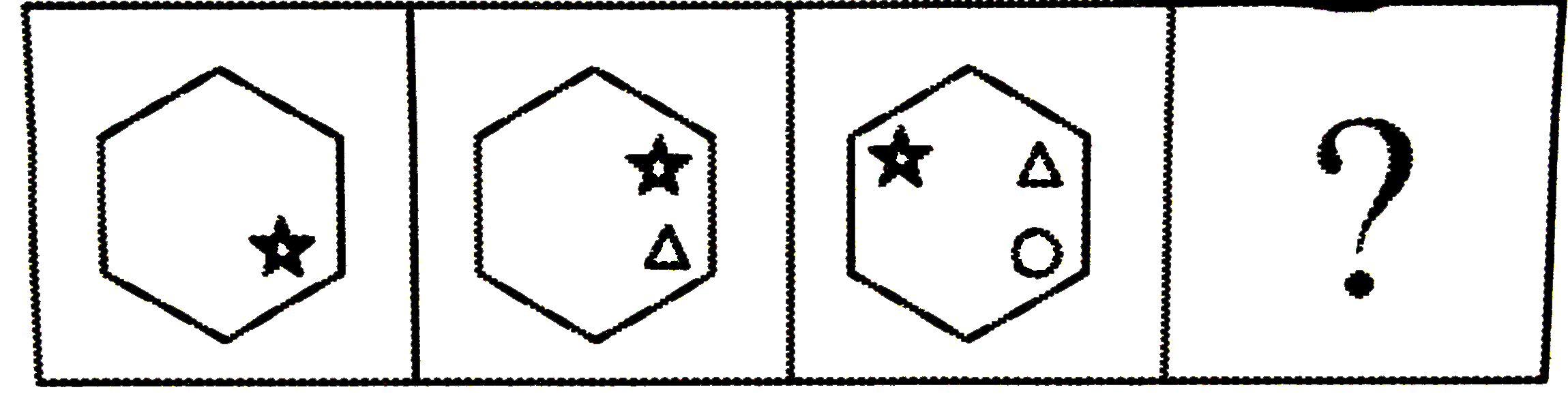 निम्नलिखित प्रश्न में , एक अनुक्रम दिया गया है जिसमे एक आकृति लुप्त है । चार दिए गए विकल्पों में से वह विकल्प चुनिए जो अनुक्रम को पूरा करे ।