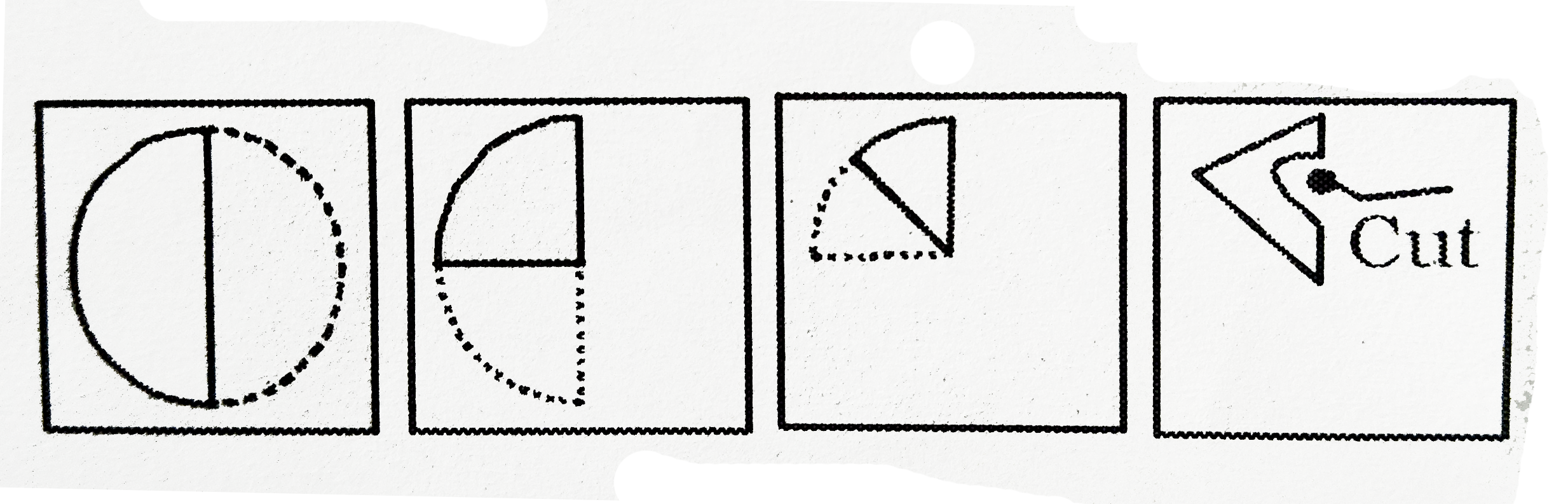 एक वृताकार कागज को मोड़ कर छिद्रता किया गया है जैसा कि नीचे दिखाया गया है । दिए गए विकल्पों से ज्ञात कीजिए कि खोलने पर वह कैसा दिखाई देगा ?    प्रश्न आकृतियाँ :