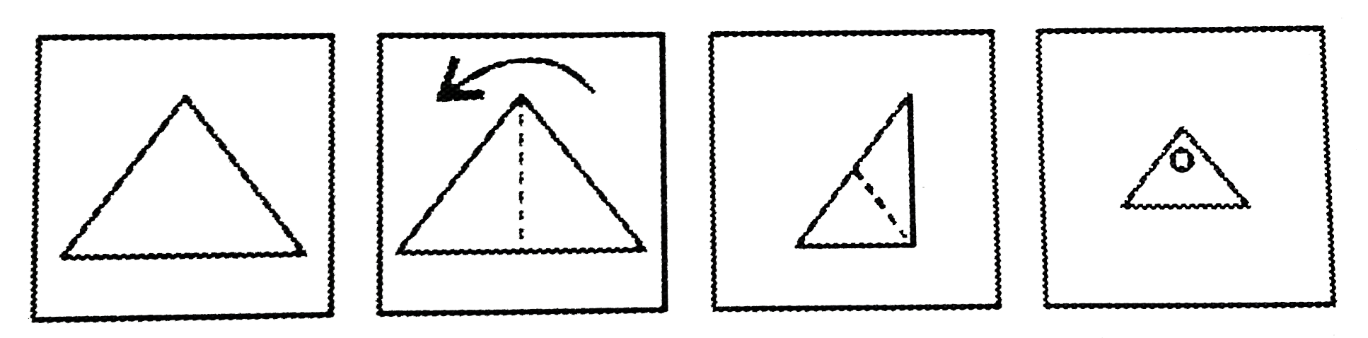 नीचे प्रश्न आकृतियों में दिखाए अनुसार कागज़ को मोड़कर काटने  तथा खोलने के बाद वह किस उत्तर आकृति जैसा दिखाई देगा ?    प्रश्न आकृतियाँ :