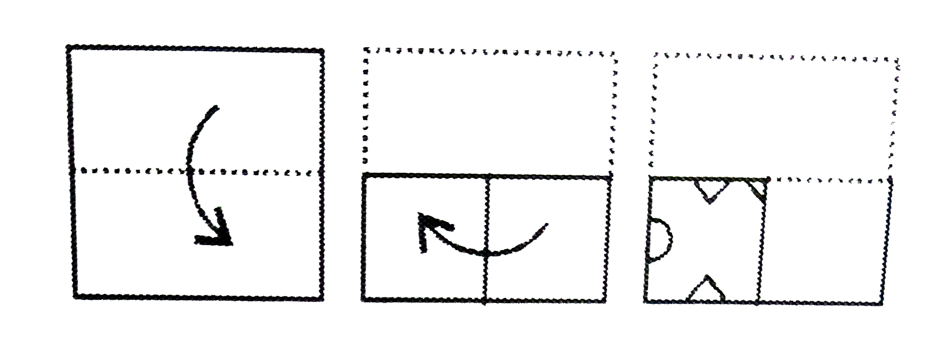 नीचे प्रश्न आकृतियों में दिखाए अनुसार कागज़ को मोड़कर काटने  तथा खोलने के बाद वह किस उत्तर आकृति जैसा दिखाई देगा ?    प्रश्न आकृतियाँ :