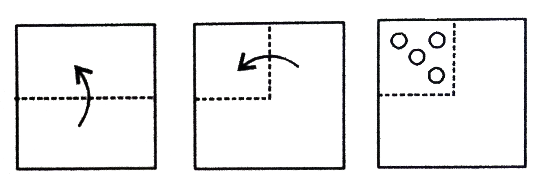नीचे प्रश्न आकृतियों में दिखाए अनुसार कागज़ को मोड़कर काटने  तथा खोलने के बाद वह किस उत्तर आकृति जैसा दिखाई देगा ?    प्रश्न आकृतियाँ :