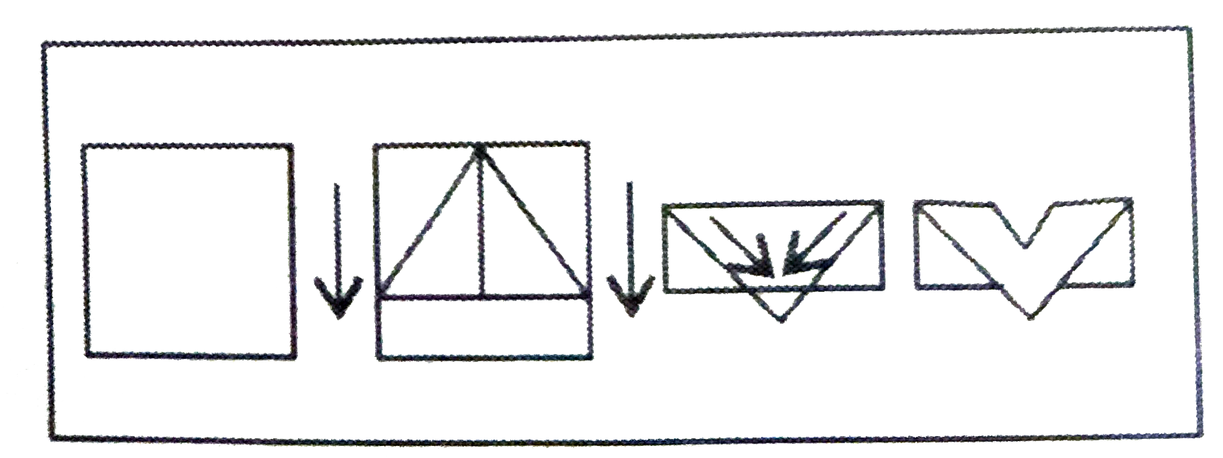नीचे प्रश्न आकृतियों में दिखाए अनुसार कागज़ को मोड़कर काटने  तथा खोलने के बाद वह किस उत्तर आकृति जैसा दिखाई देगा ?    प्रश्न आकृतियाँ :