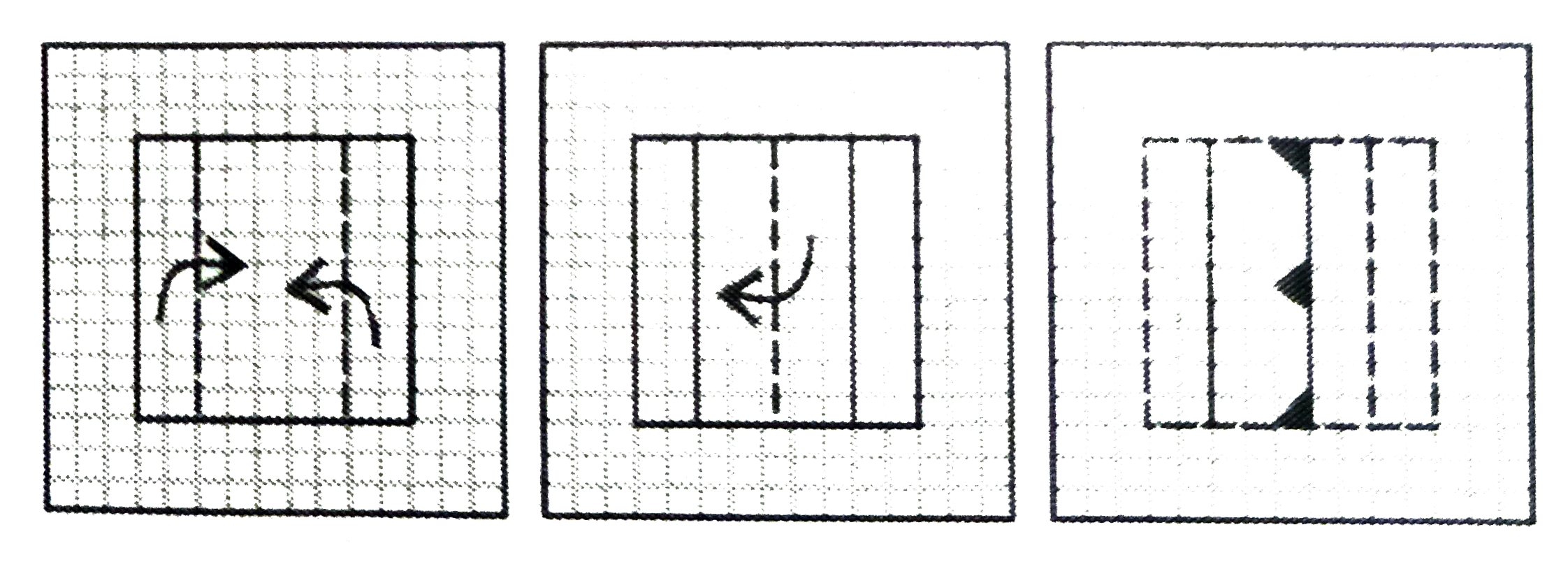 यदि किसी कागज को नीचे दिए गई प्रश्न आकृतियों के अनुसार मोड़कर काटा जाए तो खोलने के बाद वह किस आकृति जैसा दिखाई देगा ?    प्रश्न आकृति :