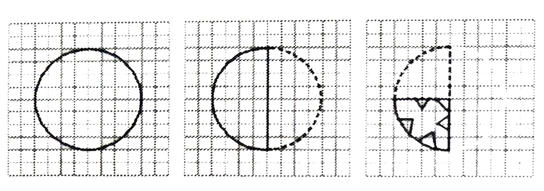 अगर किसी कागज को प्रश्न आकृतियों में दिखाए गए चित्र अनुसार मोड़कर काटा जाए तो खोलने के बाद वह किस उत्तर आकृति जैसा दिखाई देगा ?    प्रश्न आकृति :
