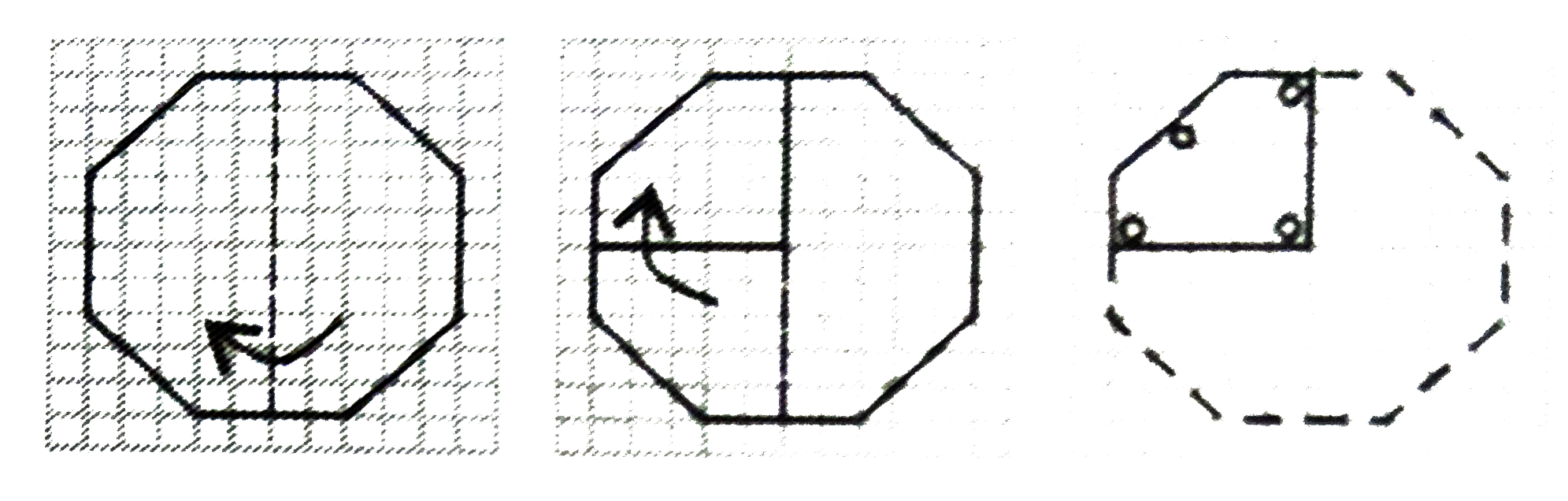 प्रश्न आकृति में दिखाए अनुसार कागज को मोड़कर छेद करने तथा खोलने के बाद वह किस उत्तर आकृति जैसा दिखाई देगा ?    प्रश्न आकृति :